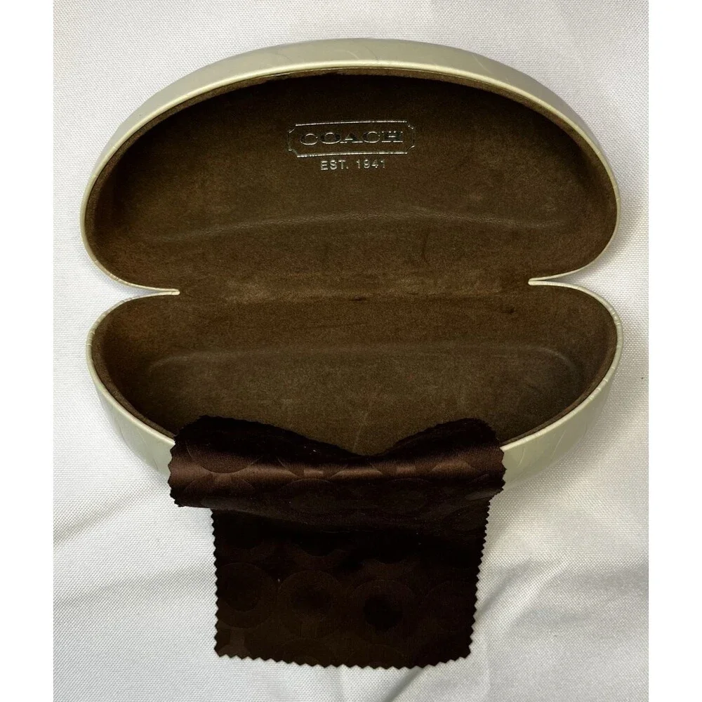 Coach Eyeglass Holder Hard Case Cream with Brown Interior Coach Cleaning Cloth